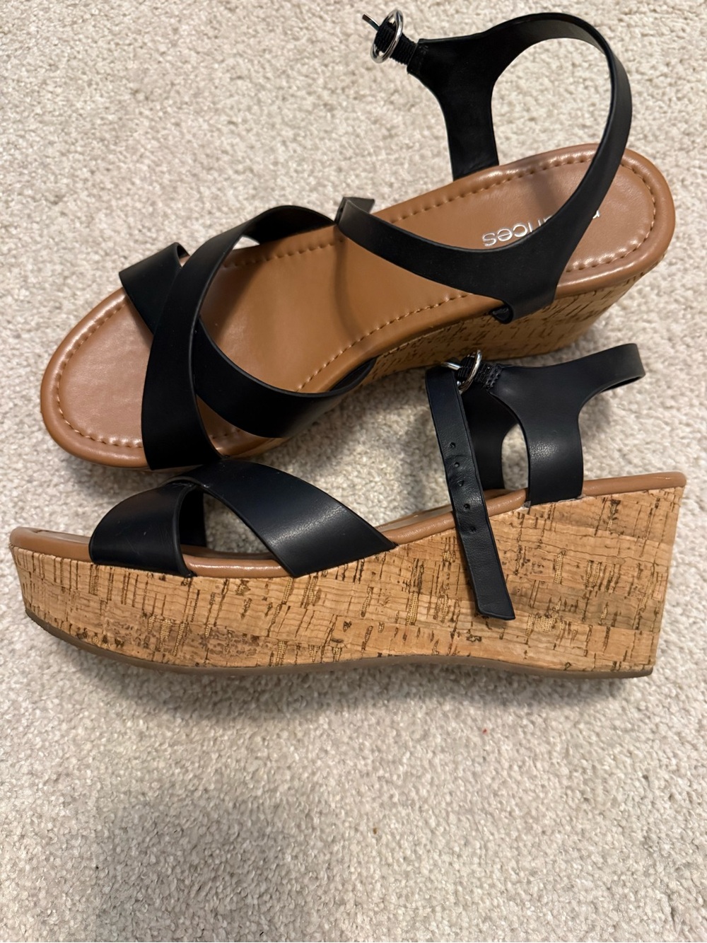 Maurices Black Strappy Cork Wedge Sandals